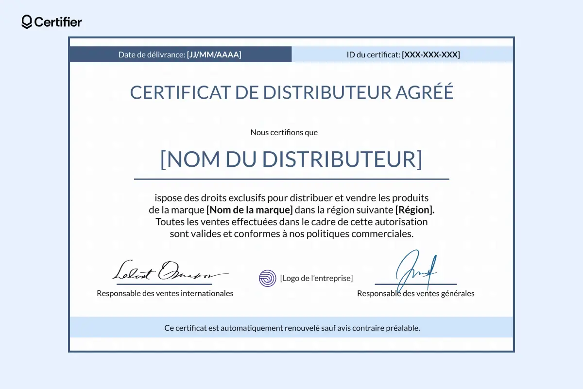 Certificat de distributeur agréé avec mention d’exclusivité, date d’émission et numéro d’identification visibles. Certificat de distributeur agréé avec mention d’exclusivité, date d’émission et numéro d’identification visibles.