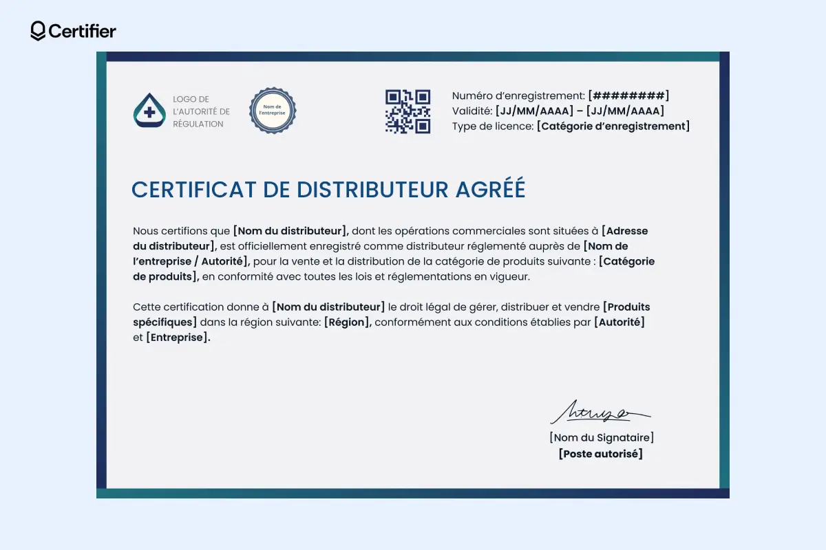 Attestation de revendeur agréé pour secteurs réglementés (pharma, auto, électronique), avec champs pour licence et enregistrement. Attestation de revendeur agréé pour secteurs réglementés (pharma, auto, électronique), avec champs pour licence et enregistrement.