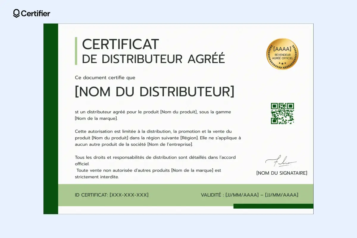 Attestation de revendeur au design vert et doré, adaptée aux exigences complexes. Attestation de revendeur au design vert et doré, adaptée aux exigences complexes.
