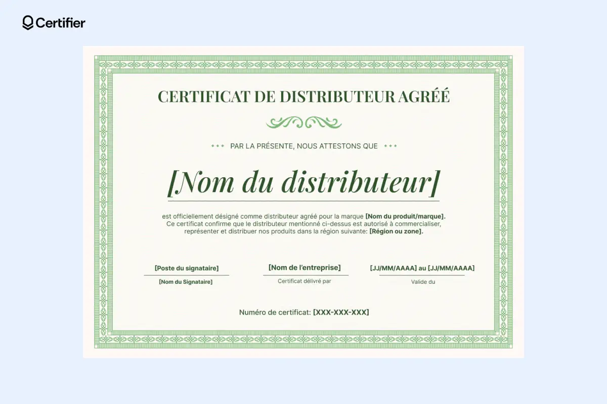 Certificat de distributeur agréé avec bordure verte décorative, fond beige texturé et mise en page formelle. Certificat de distributeur agréé avec bordure verte décorative, fond beige texturé et mise en page formelle.