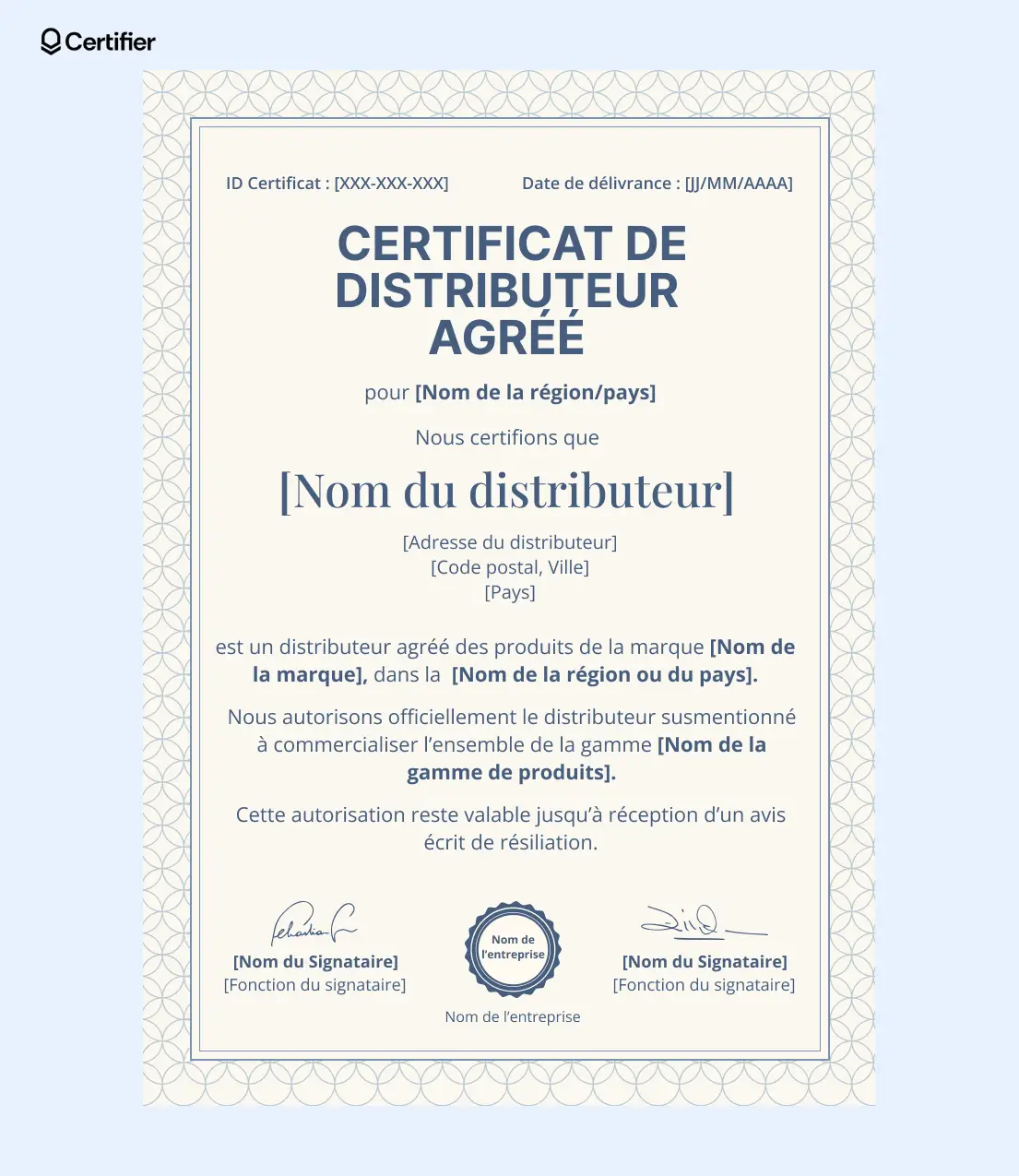 Certificat de distributeur vertical avec espace étendu pour les détails sur les produits, les adresses et les conditions. Certificat de distributeur vertical avec espace étendu pour les détails sur les produits, les adresses et les conditions.