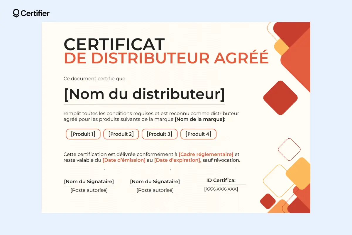 Certificat de distributeur agréé au design géométrique rouge et orange, idéal pour produits multiples. Certificat de distributeur agréé au design géométrique rouge et orange, idéal pour produits multiples.