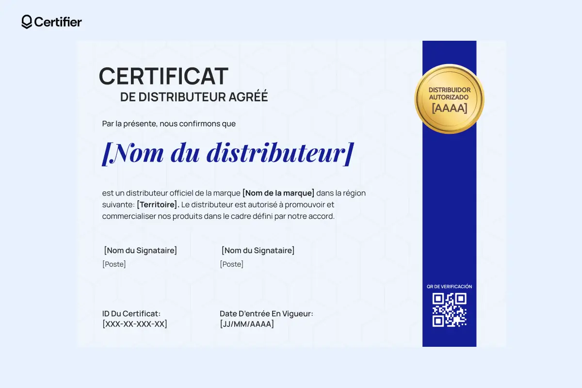Certificat de distributeur agréé au design moderne, fond hexagonal et sceau doré avec ruban bleu. Certificat de distributeur agréé au design moderne, fond hexagonal et sceau doré avec ruban bleu.