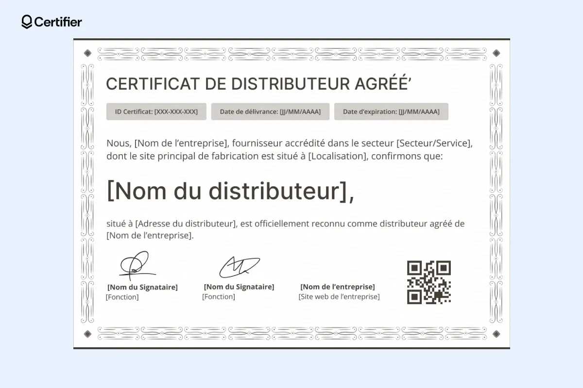 Certificat de distributeur professionnel avec champs dynamiques et vérification, adapté aux besoins avancés. Certificat de distributeur professionnel avec champs dynamiques et vérification, adapté aux besoins avancés.