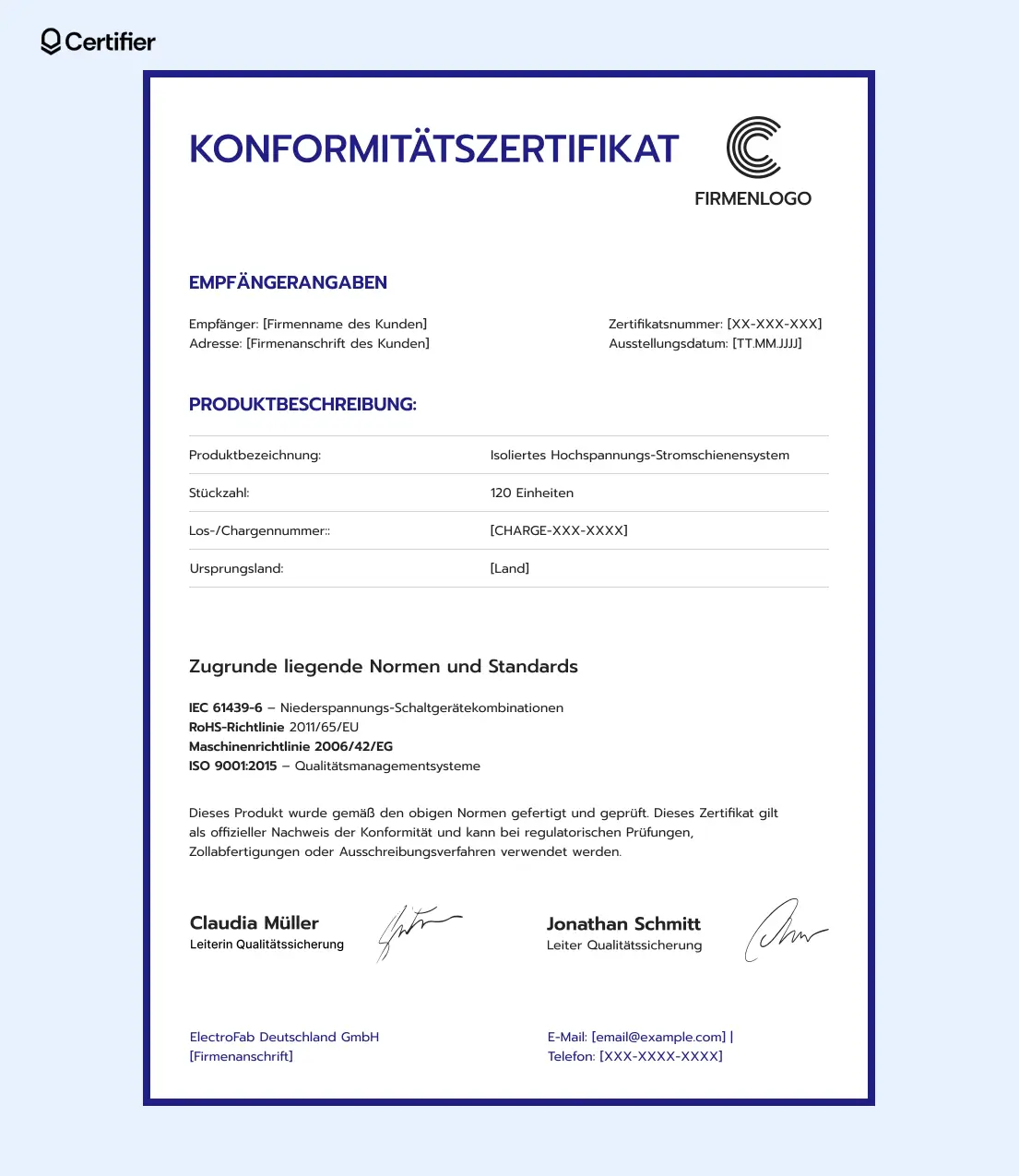 Lieferanten-Konformitätszertifikat Vorlage mit weißem Hintergrund, blauer Schrift und QR-Code zur digitalen Verifizierung. Lieferanten-Konformitätszertifikat Vorlage mit weißem Hintergrund, blauer Schrift und QR-Code zur digitalen Verifizierung.