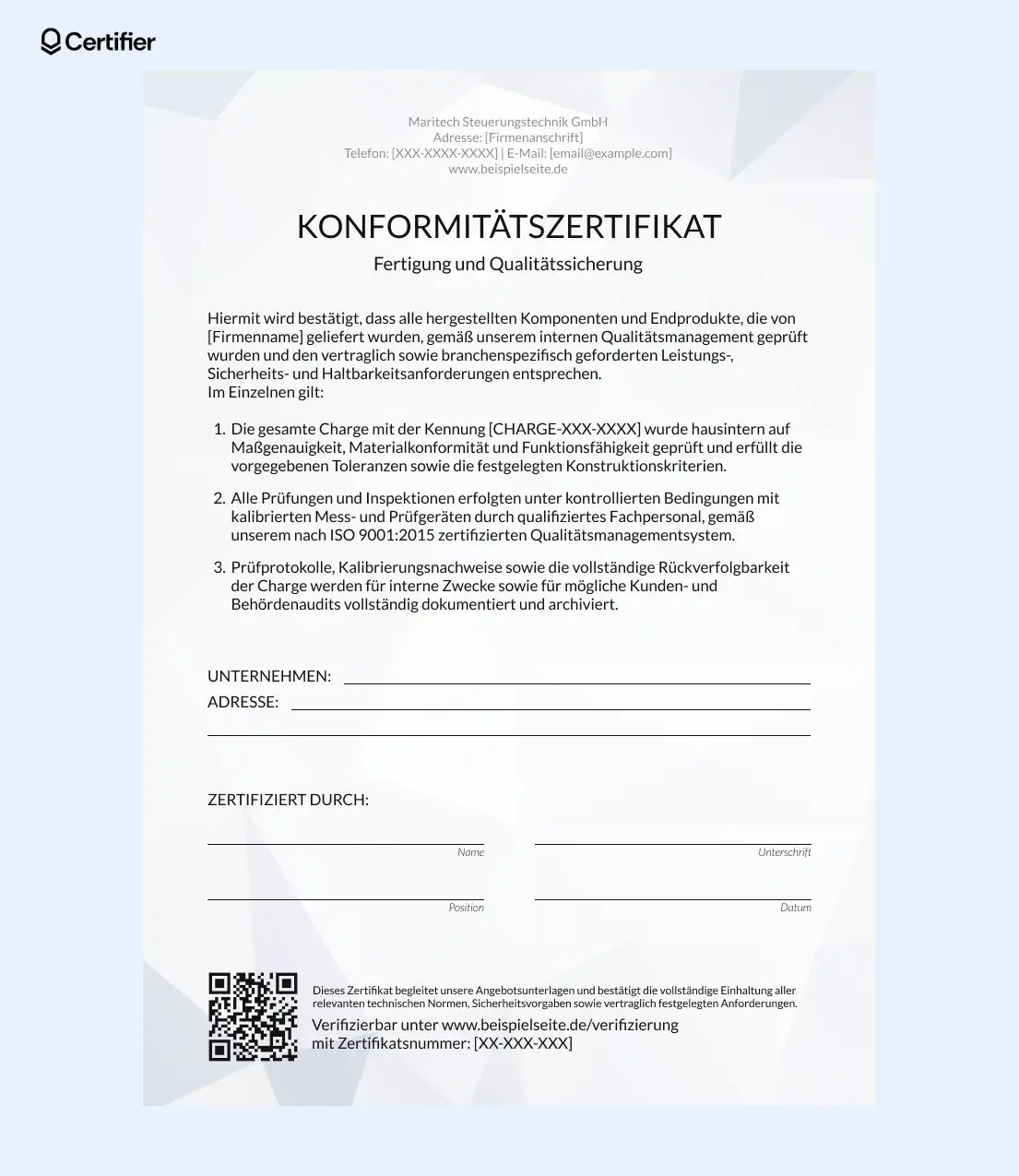 Konformitätszertifikat (CoC) Vorlage mit Feldern für Firmenname, Adresse und Prüfdetails zur Qualitätskontrolle von Produktionschargen Konformitätszertifikat (CoC) Vorlage mit Feldern für Firmenname, Adresse und Prüfdetails zur Qualitätskontrolle von Produktionschargen