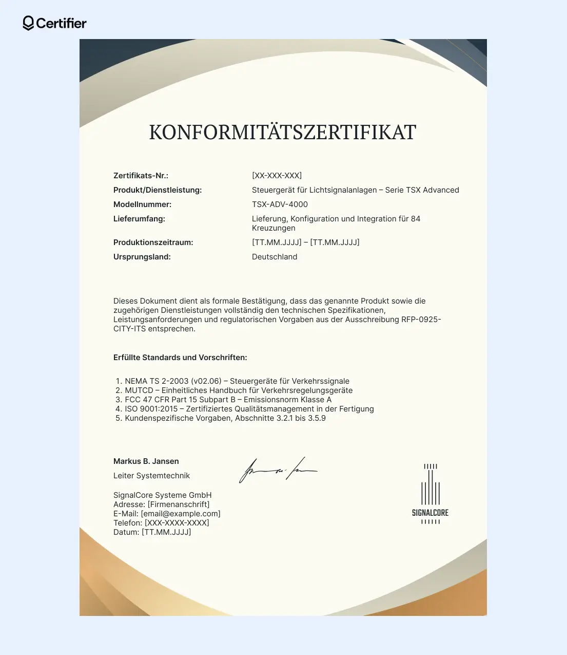 Konformitätszertifikat (CoC) PDF mit strukturierten Angaben zu Produktdaten, Ursprungsland und Ansprechpartner zur Verifizierung. Konformitätszertifikat (CoC) PDF mit strukturierten Angaben zu Produktdaten, Ursprungsland und Ansprechpartner zur Verifizierung.