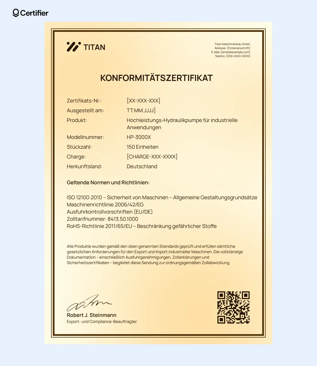 Konformitätszertifikat für Fertigung mit ID-Feld, unterstrichenen Schlüsselangaben und Platzhalter für Firmenlogo. Konformitätszertifikat für Fertigung mit ID-Feld, unterstrichenen Schlüsselangaben und Platzhalter für Firmenlogo.