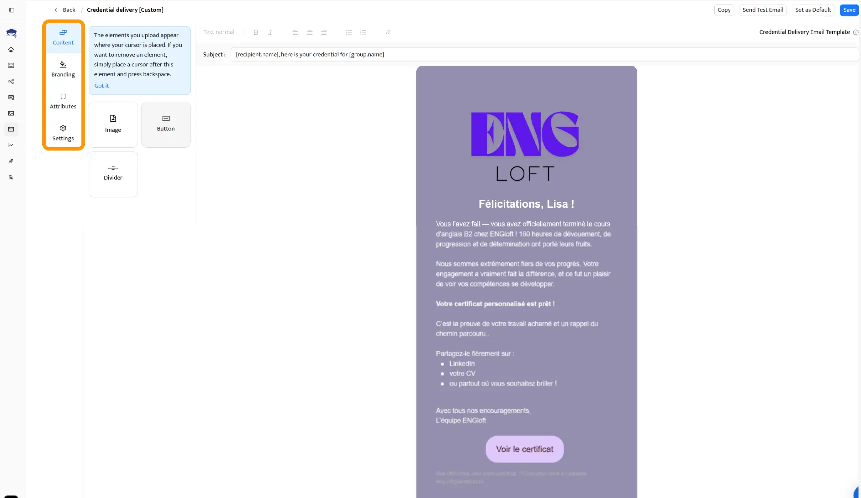 Configuration d’e-mails de marque pour les certificats personnalisés dans le générateur de certificats en lot de Certifier. Configuration d’e-mails de marque pour les certificats personnalisés dans le générateur de certificats en lot de Certifier.
