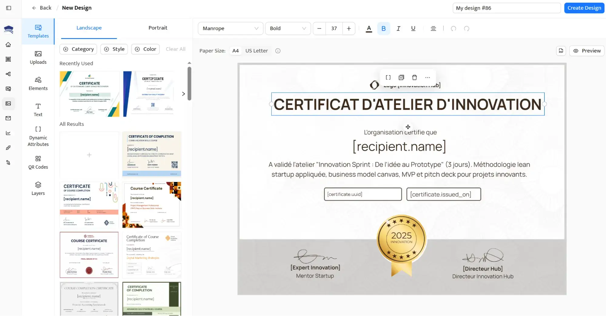 Éditeur glisser-déposer pour créer des certificats personnalisés. Éditeur glisser-déposer pour créer des certificats personnalisés.