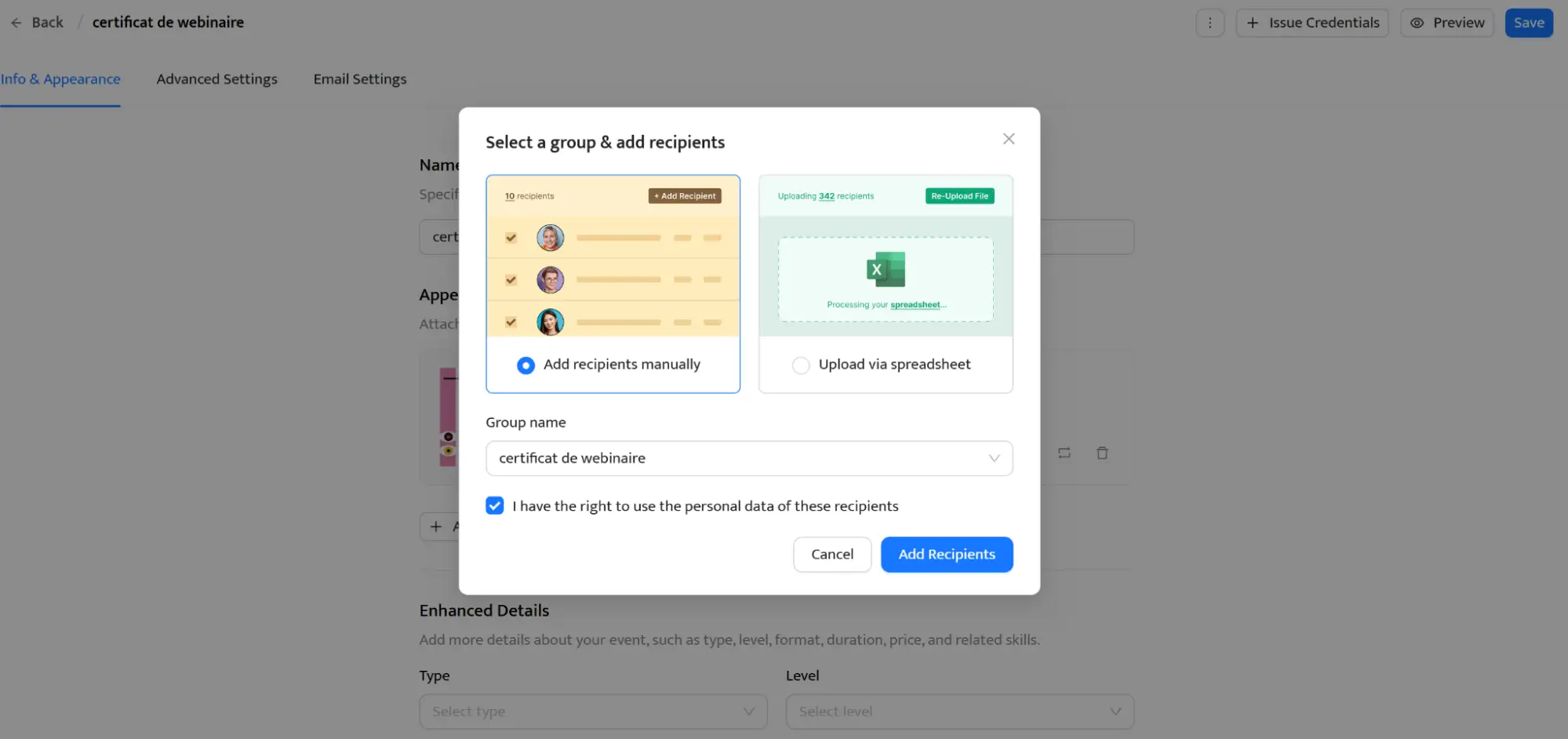 Téléversement des données destinataires sur Certifier pour créer des certificats personnalisés. Téléversement des données destinataires sur Certifier pour créer des certificats personnalisés.
