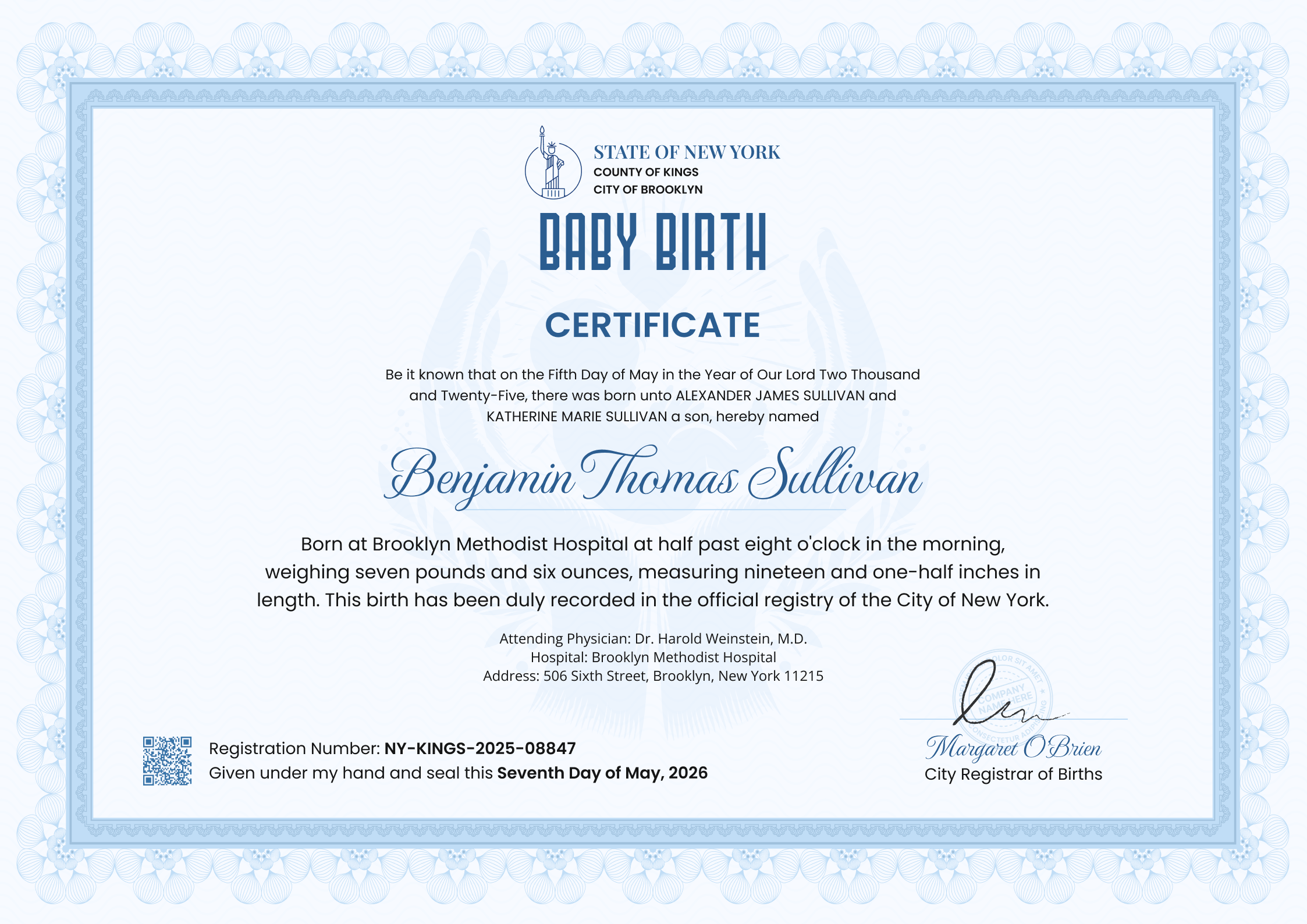 Professional and joyful baby birth certificate template