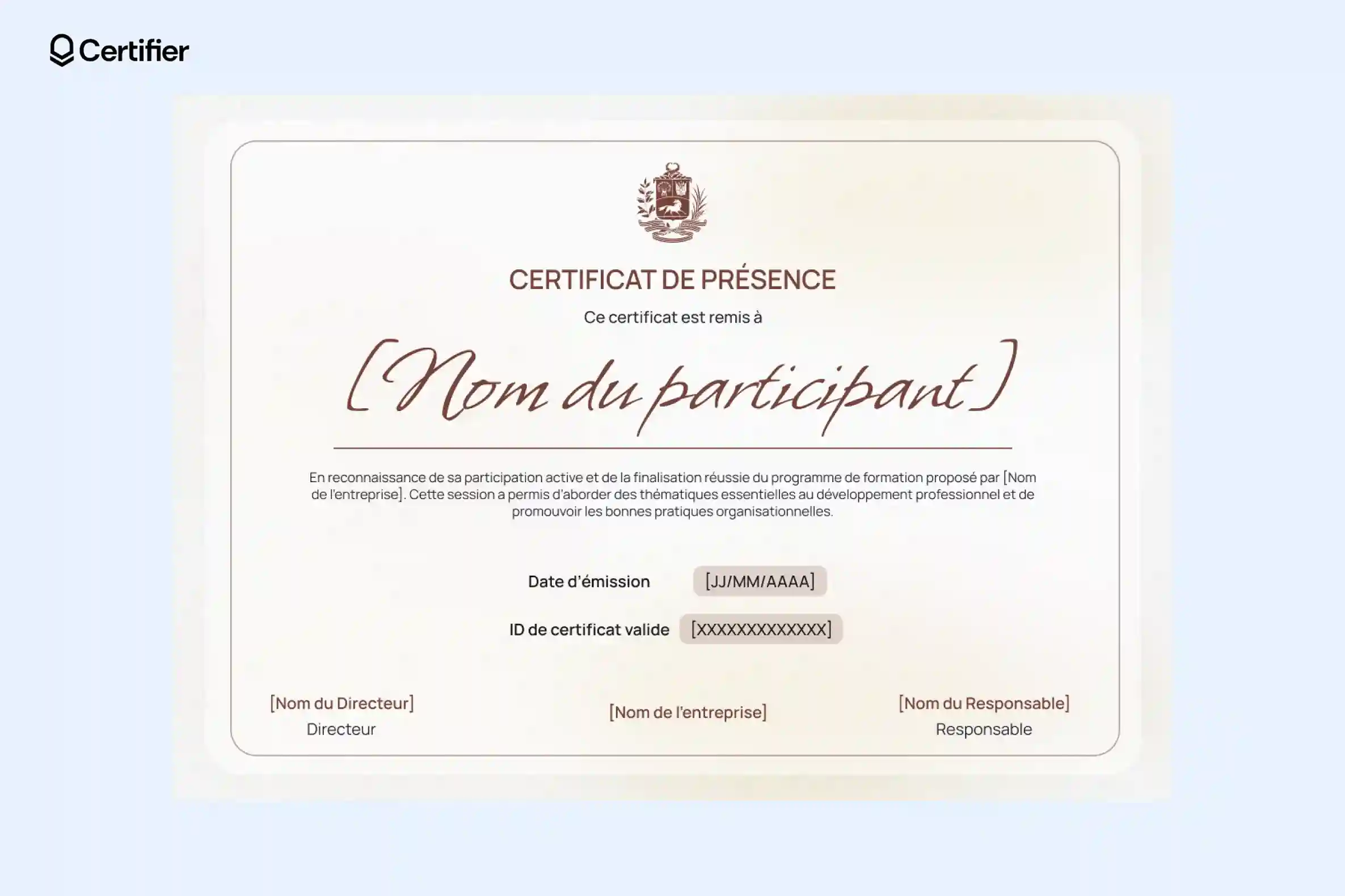 Certificat attestation de présence classique avec léger dégradé. Certificat attestation de présence classique avec léger dégradé.