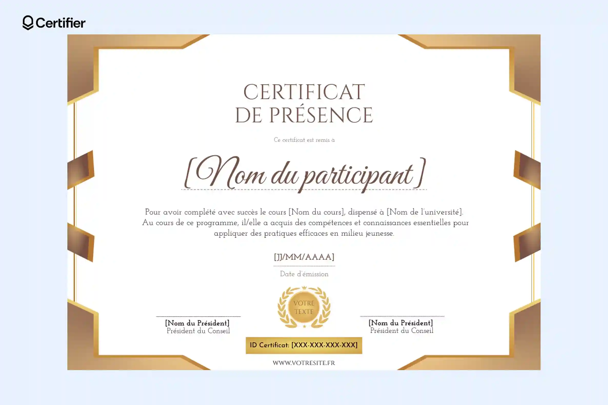 Modèle certificat de présence rétro avec encadrement doré. Modèle certificat de présence rétro avec encadrement doré.