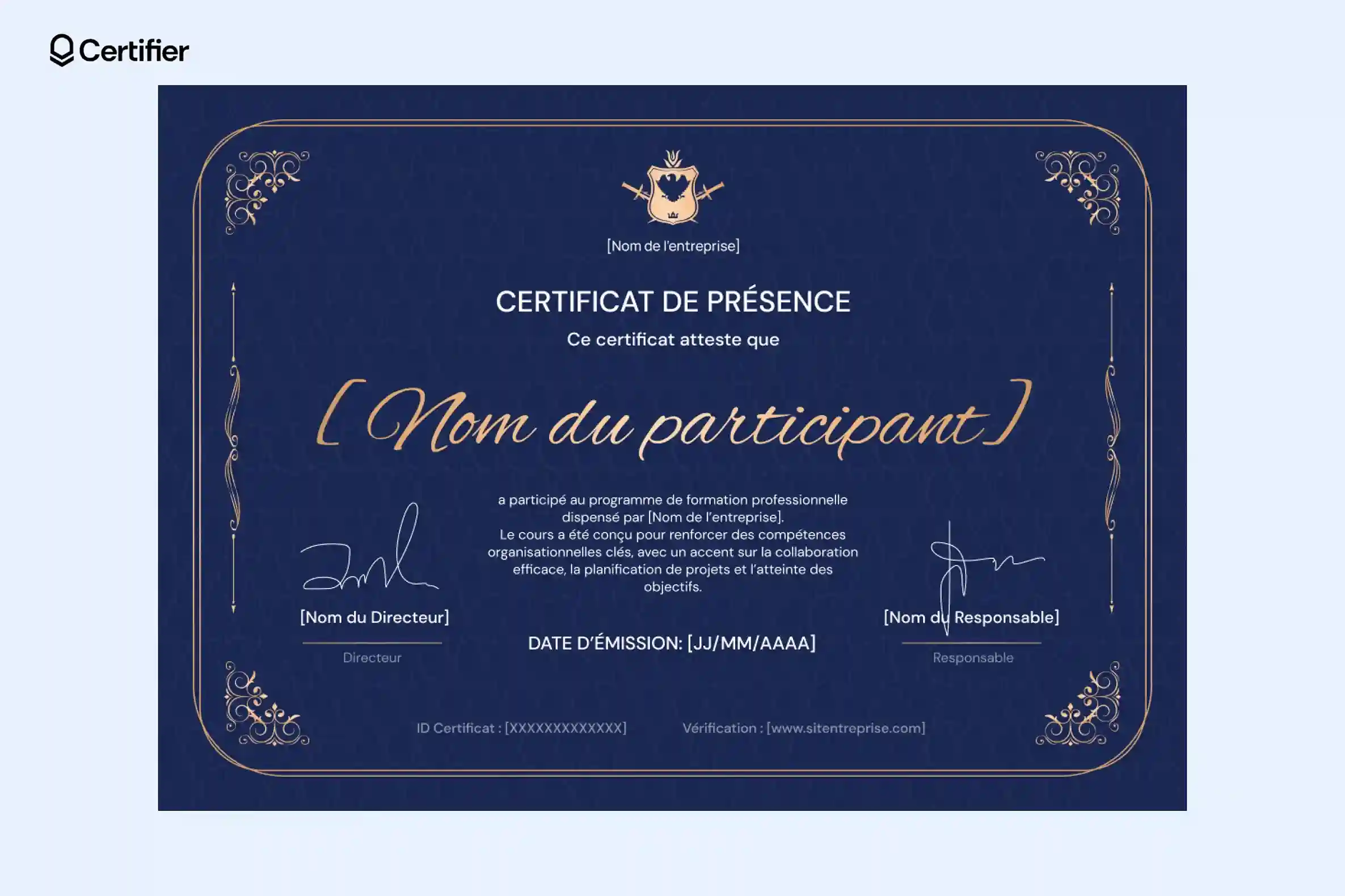 Attestation de présence modèle gratuit bleu foncé avec détails élégants. Attestation de présence modèle gratuit bleu foncé avec détails élégants.