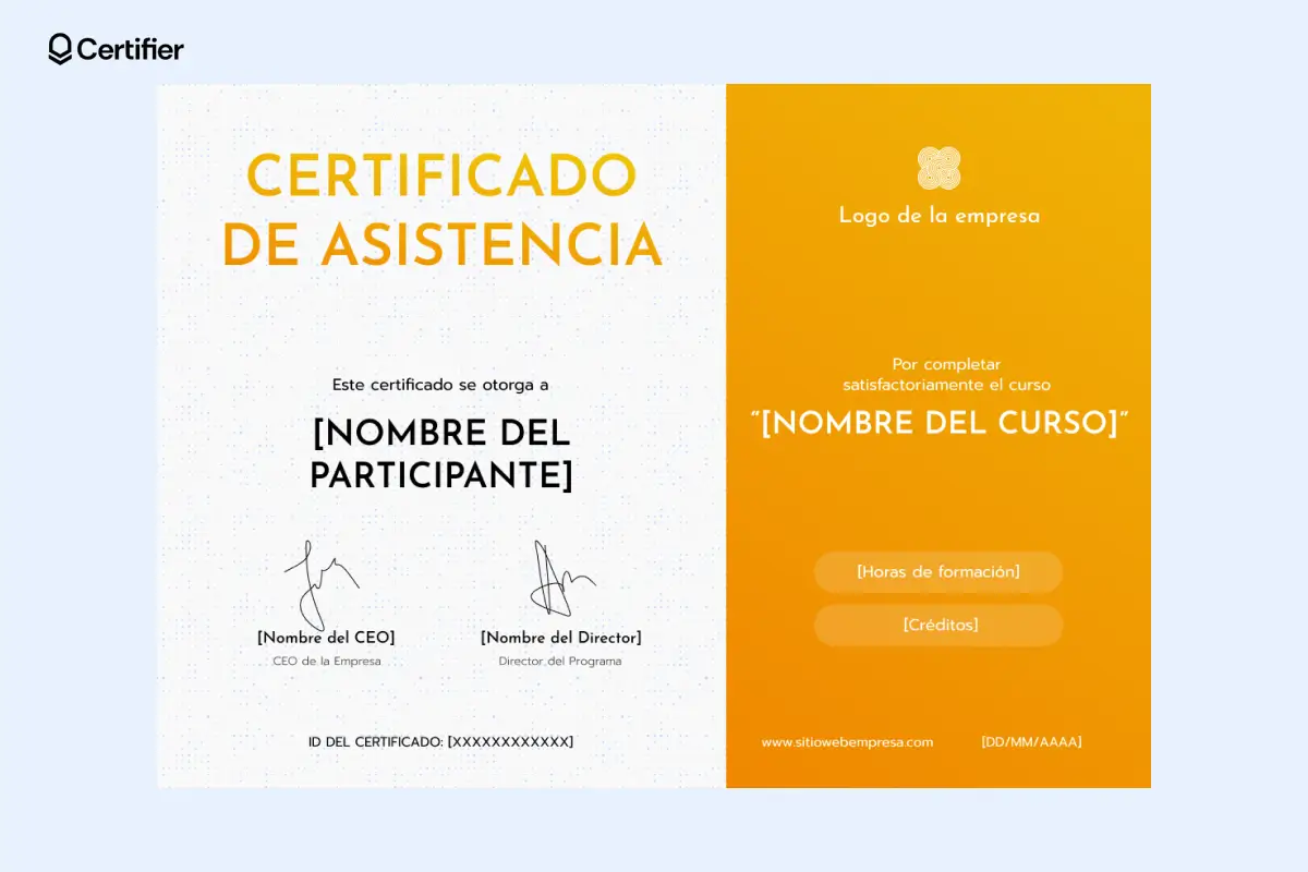Certificado de asistencia moderno con una sección destacada en el diseño. Certificado de asistencia moderno con una sección destacada en el diseño.