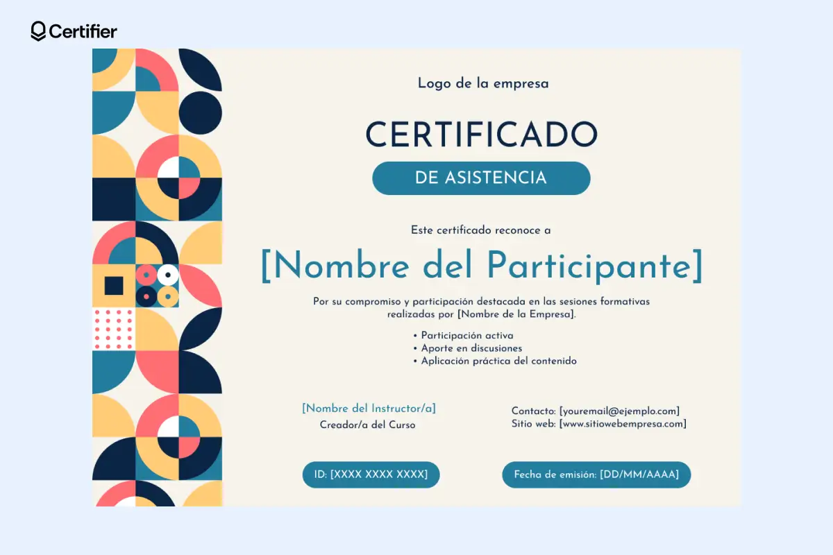 Certificado de asistencia dividido en dos secciones. Certificado de asistencia dividido en dos secciones.
