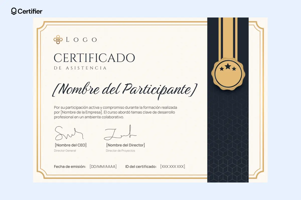 Certificado de asistencia con estilo académico. Certificado de asistencia con estilo académico.
