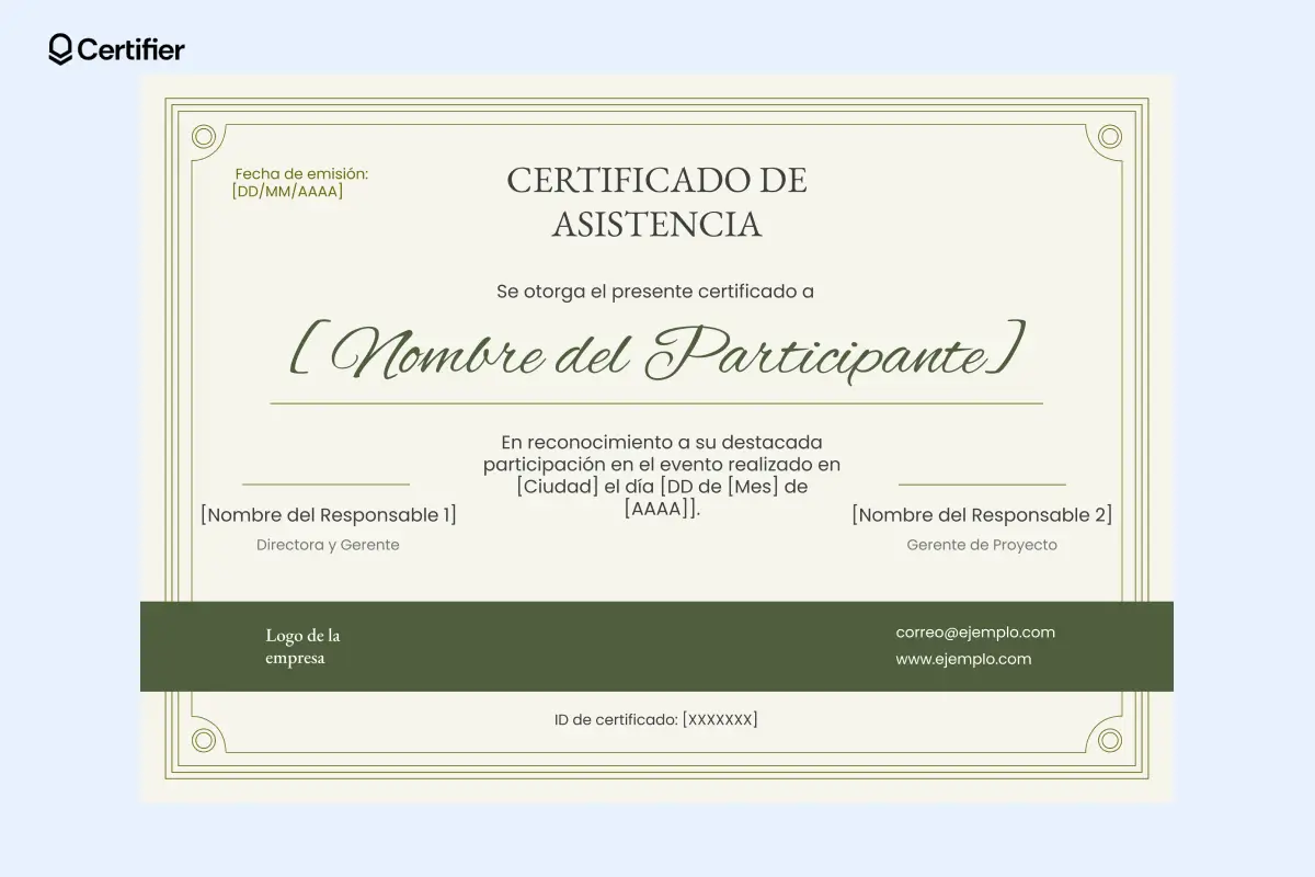 Certificado de asistencia clásico en tonos verdes. Certificado de asistencia clásico en tonos verdes.