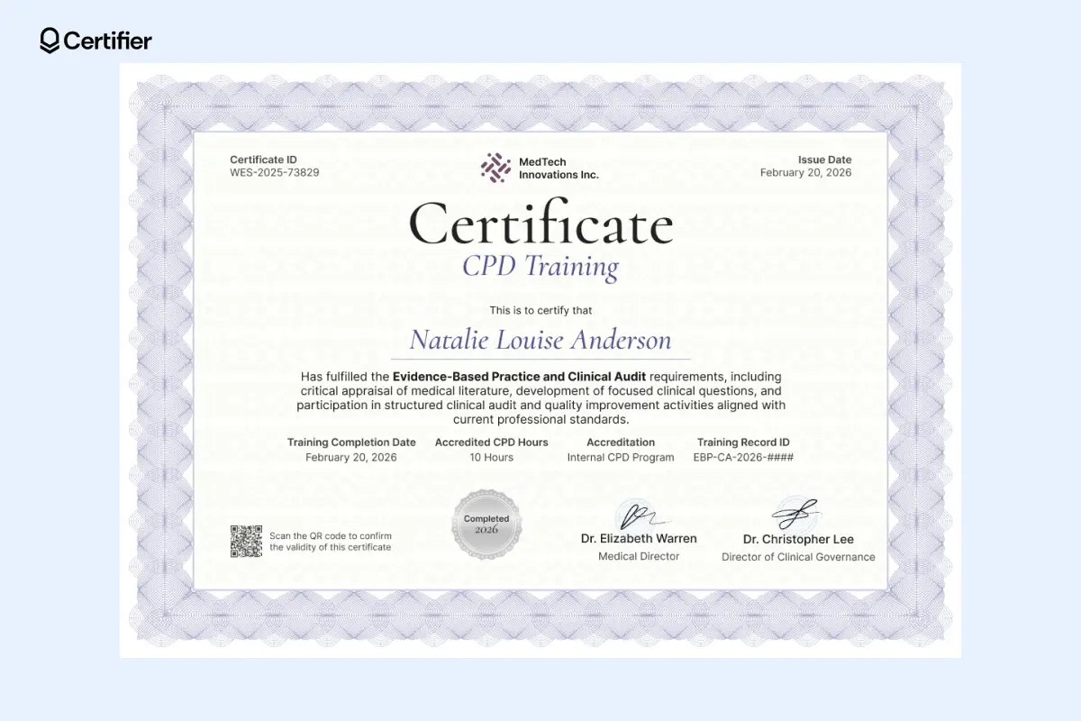Lavender bordered CPD training certificate template for evidence-based practice. Lavender bordered CPD training certificate template for evidence-based practice.