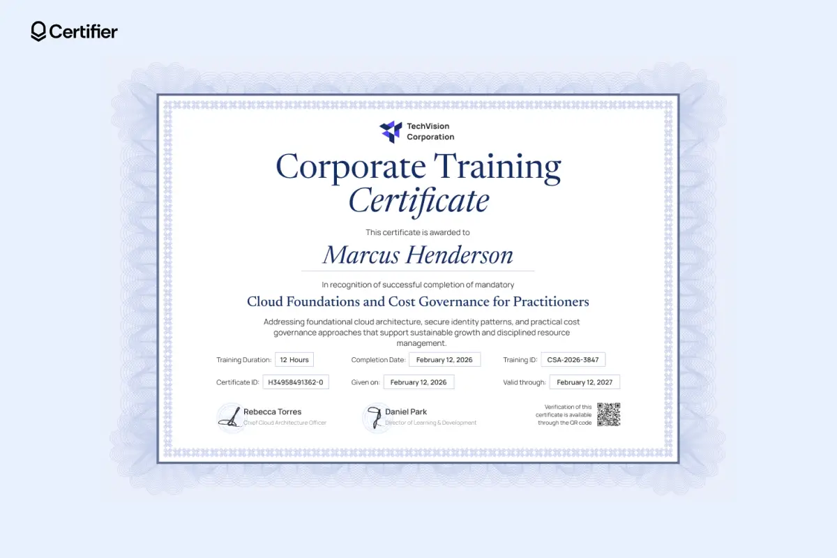 Blue first responder training certificate template for Community First Responder and Stop the Bleed program with assessment score, QR verification and instructor signatures. Blue first responder training certificate template for Community First Responder and Stop the Bleed program with assessment score, QR verification and instructor signatures.