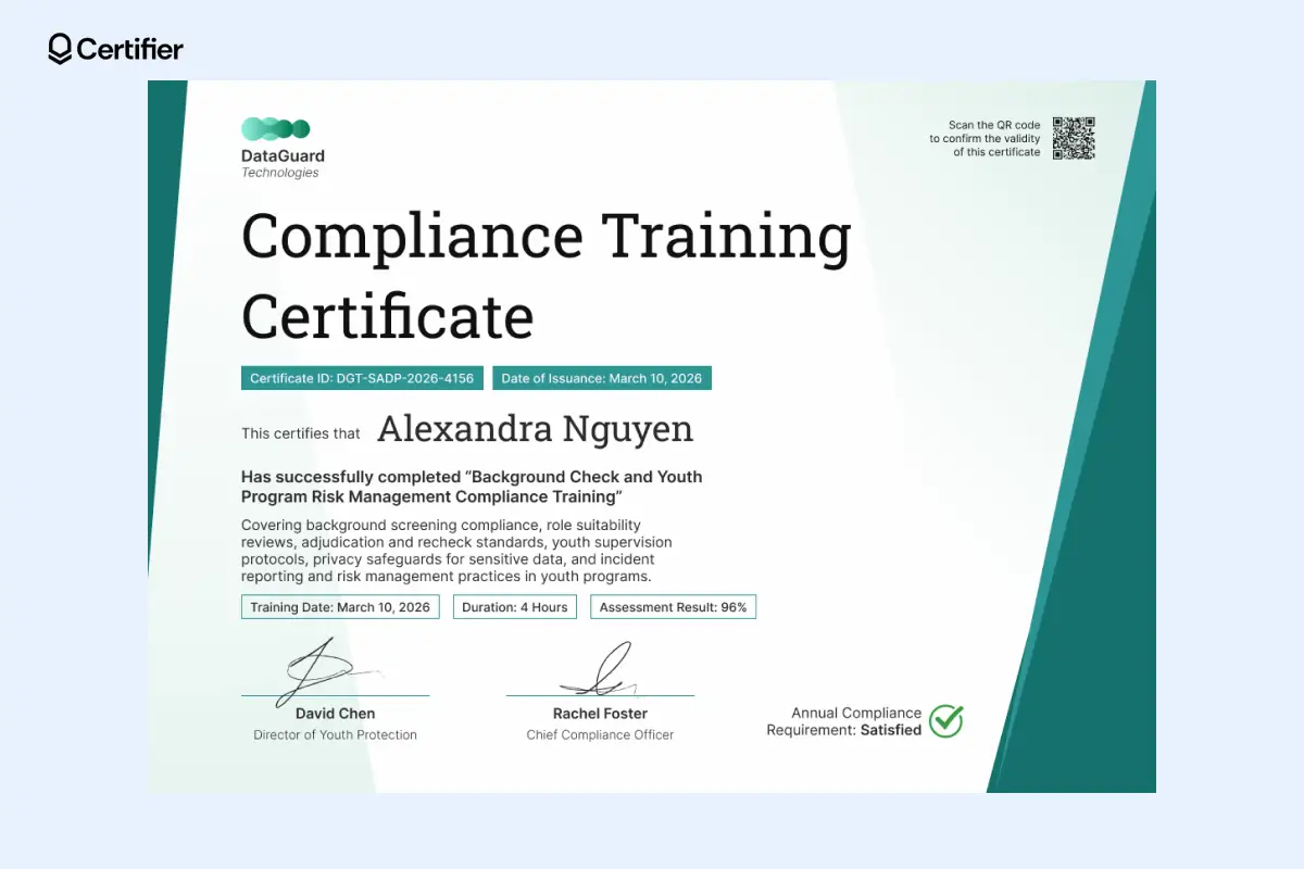 Green and teal security awareness training certificate template with compliance satisfied checkmark, dual signatures, assessment score and QR code verification. Green and teal security awareness training certificate template with compliance satisfied checkmark, dual signatures, assessment score and QR code verification.