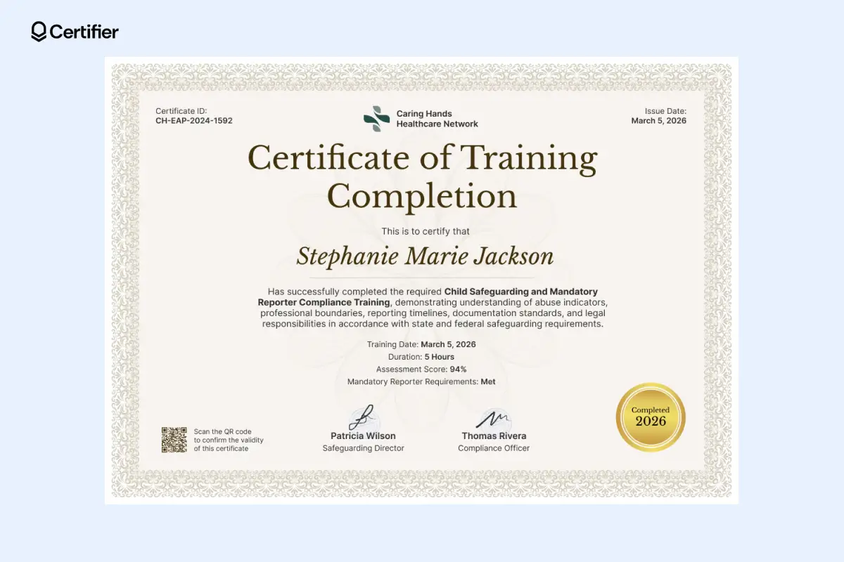 Brown mandatory reporting and compliance training certificate template with gold completion seal, assessment score section, dual signatures and QR verification. Brown mandatory reporting and compliance training certificate template with gold completion seal, assessment score section, dual signatures and QR verification.