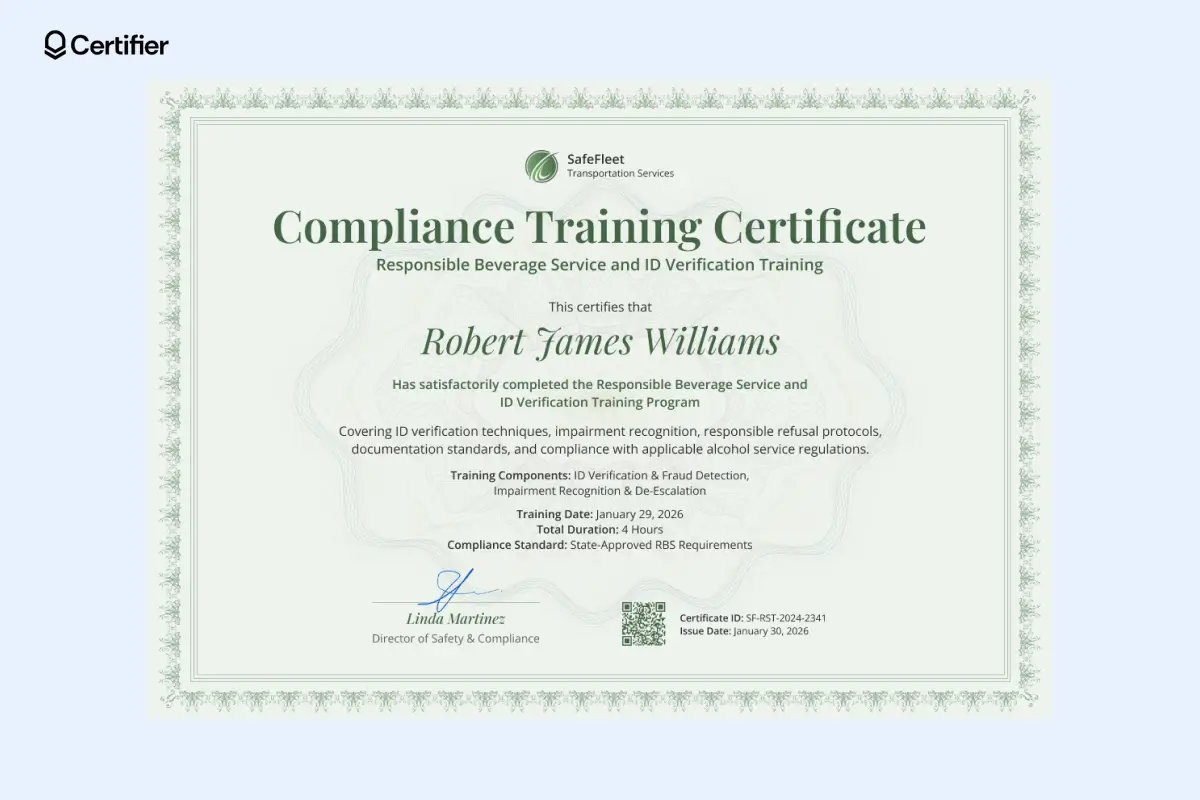 Green workplace compliance training certificate template with formal border, compliance officer signature, structured training details, and QR verification. Green workplace compliance training certificate template with formal border, compliance officer signature, structured training details, and QR verification.