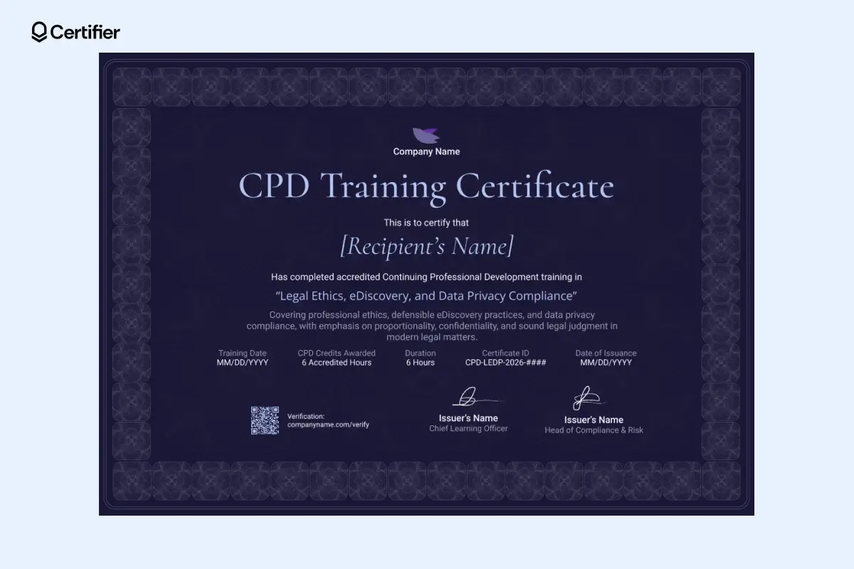 Dark violet CPD training certificate template with credited hours section, dual signatures, and QR verification. Dark violet CPD training certificate template with credited hours section, dual signatures, and QR verification.
