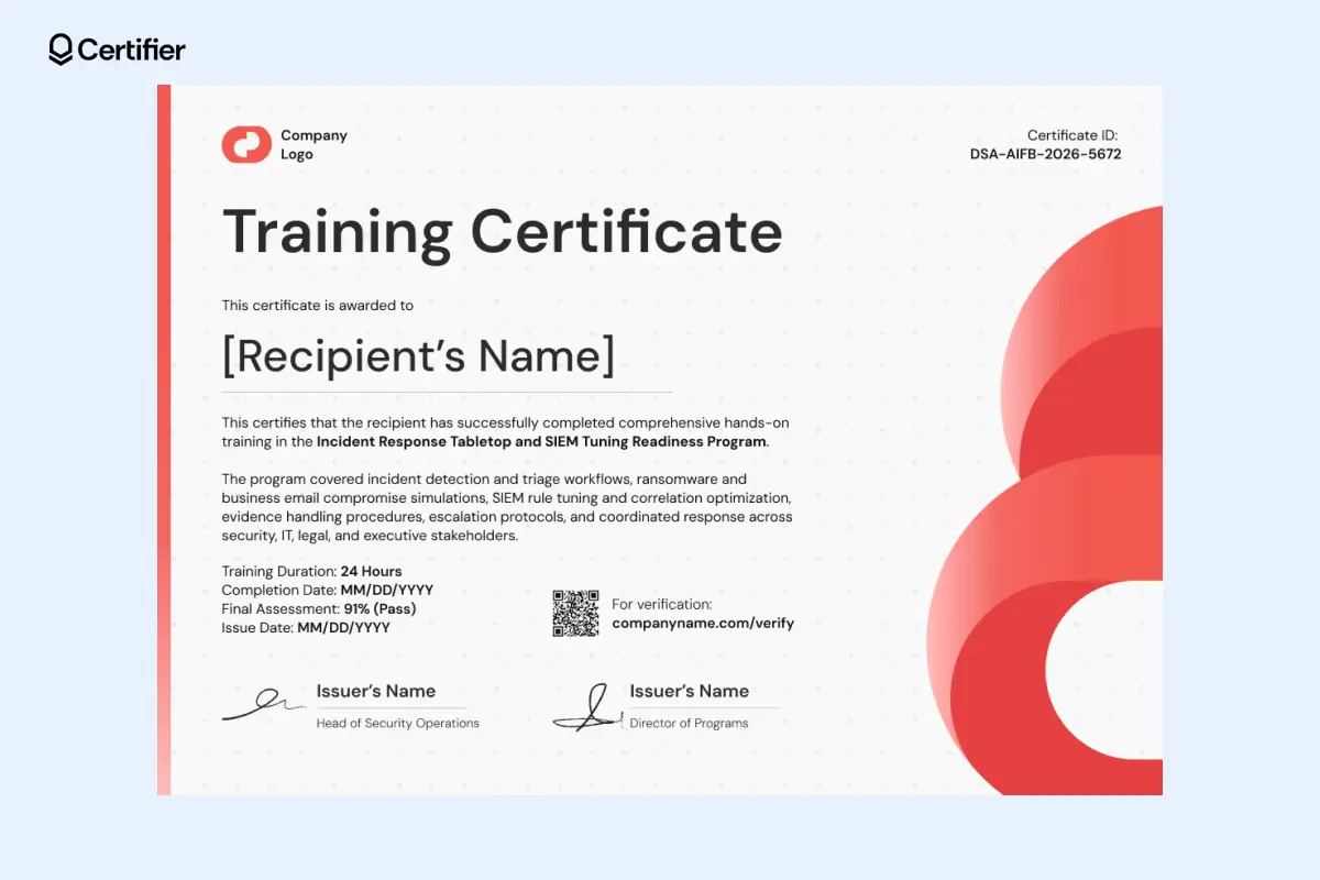 Modern red online training certificate template with abstract graphic, structured program details; features red tones and dotted background. Modern red online training certificate template with abstract graphic, structured program details; features red tones and dotted background.