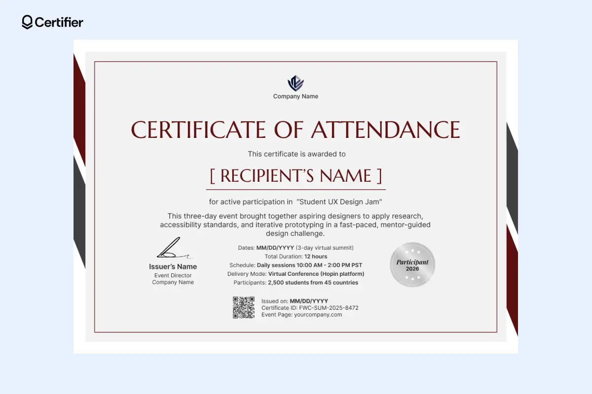 Modern red certificate of attendance template with geometric side accents, participant seal, QR code and structured event details. Modern red certificate of attendance template with geometric side accents, participant seal, QR code and structured event details.