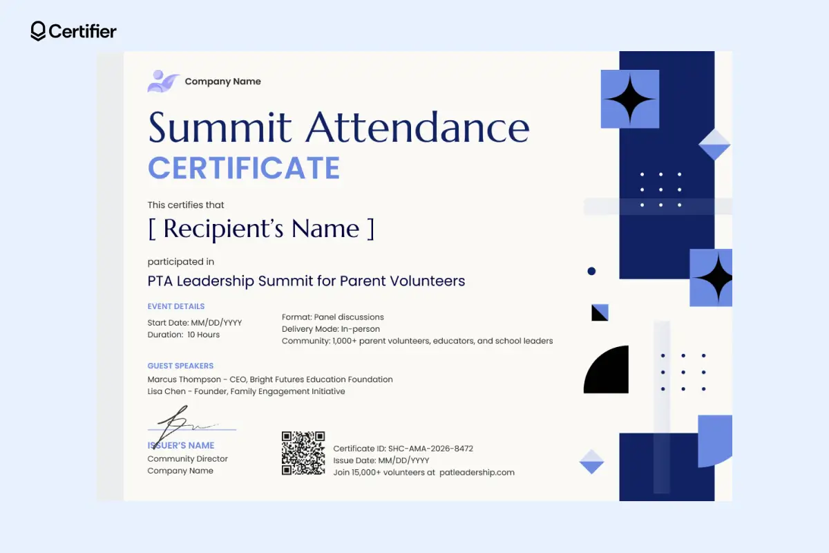 Violet summit attendance certificate template with geometric layout, structured event details, QR code and issuer signature. Violet summit attendance certificate template with geometric layout, structured event details, QR code and issuer signature.