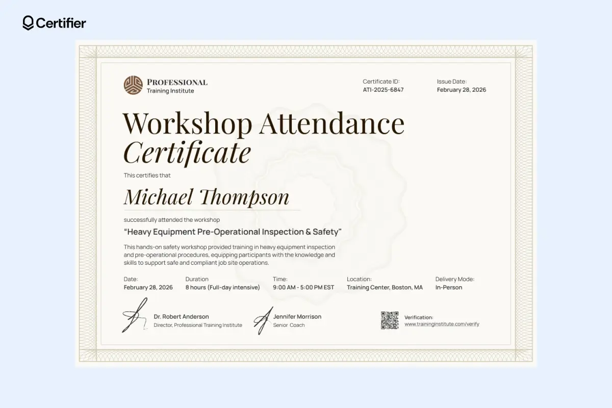 Brown workshop attendance certificate template with watermark seal, structured session details, dual signatures and QR code verification. Brown workshop attendance certificate template with watermark seal, structured session details, dual signatures and QR code verification.