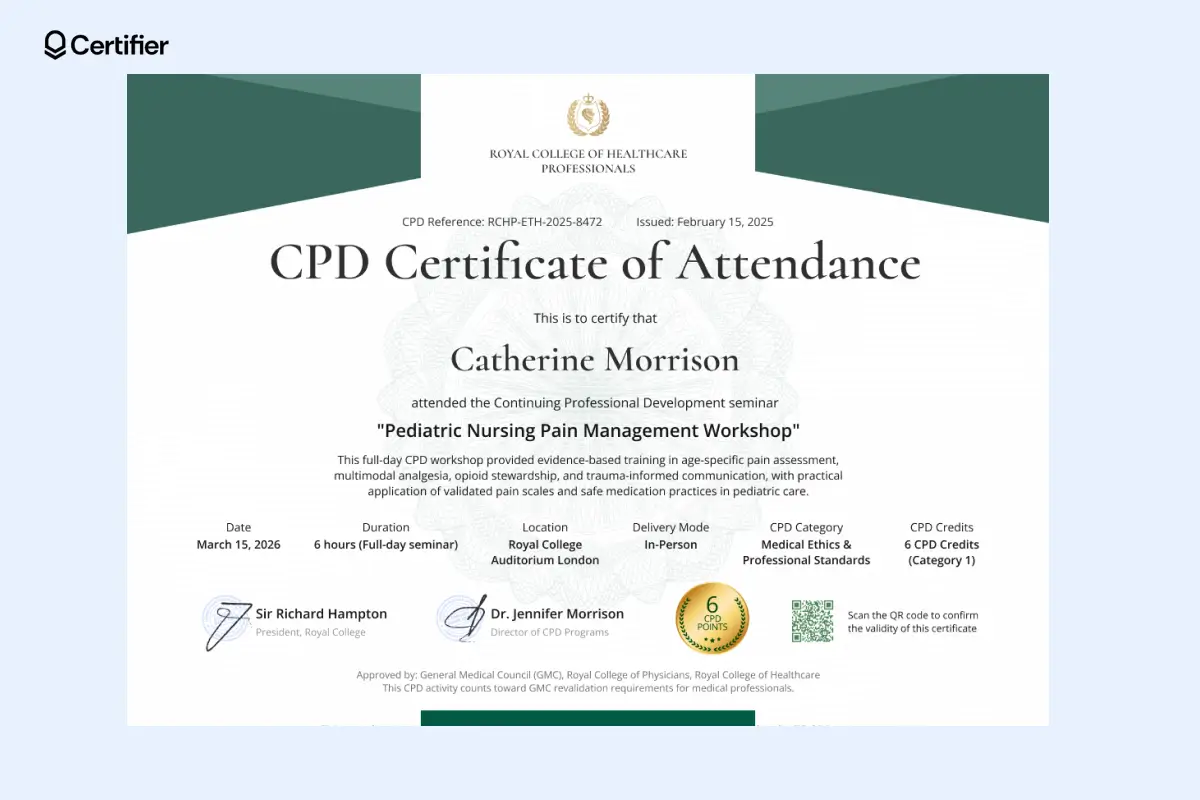 Green CPD certificate of attendance template with credit hour section, certificate ID, dual signatures and verification details. Green CPD certificate of attendance template with credit hour section, certificate ID, dual signatures and verification details.