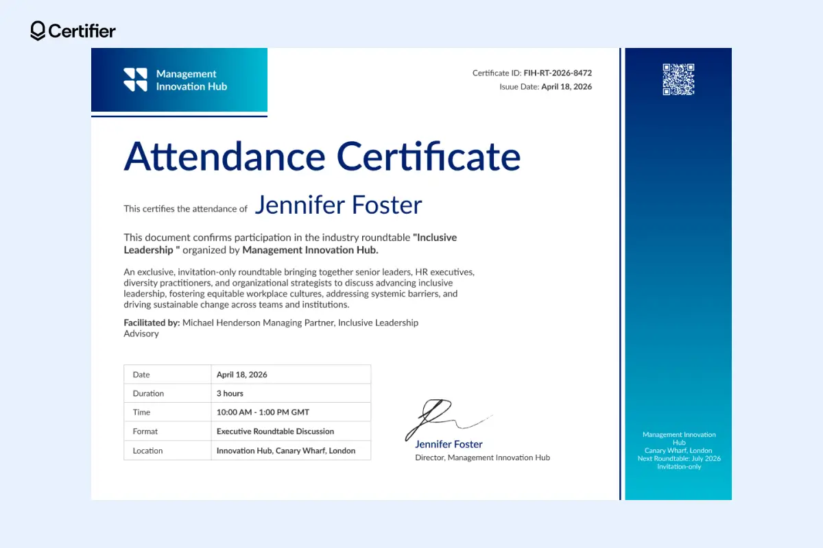 Blue and teal executive attendance certificate template with event details table, QR code verification, certificate ID and organizer signature. Blue and teal executive attendance certificate template with event details table, QR code verification, certificate ID and organizer signature.