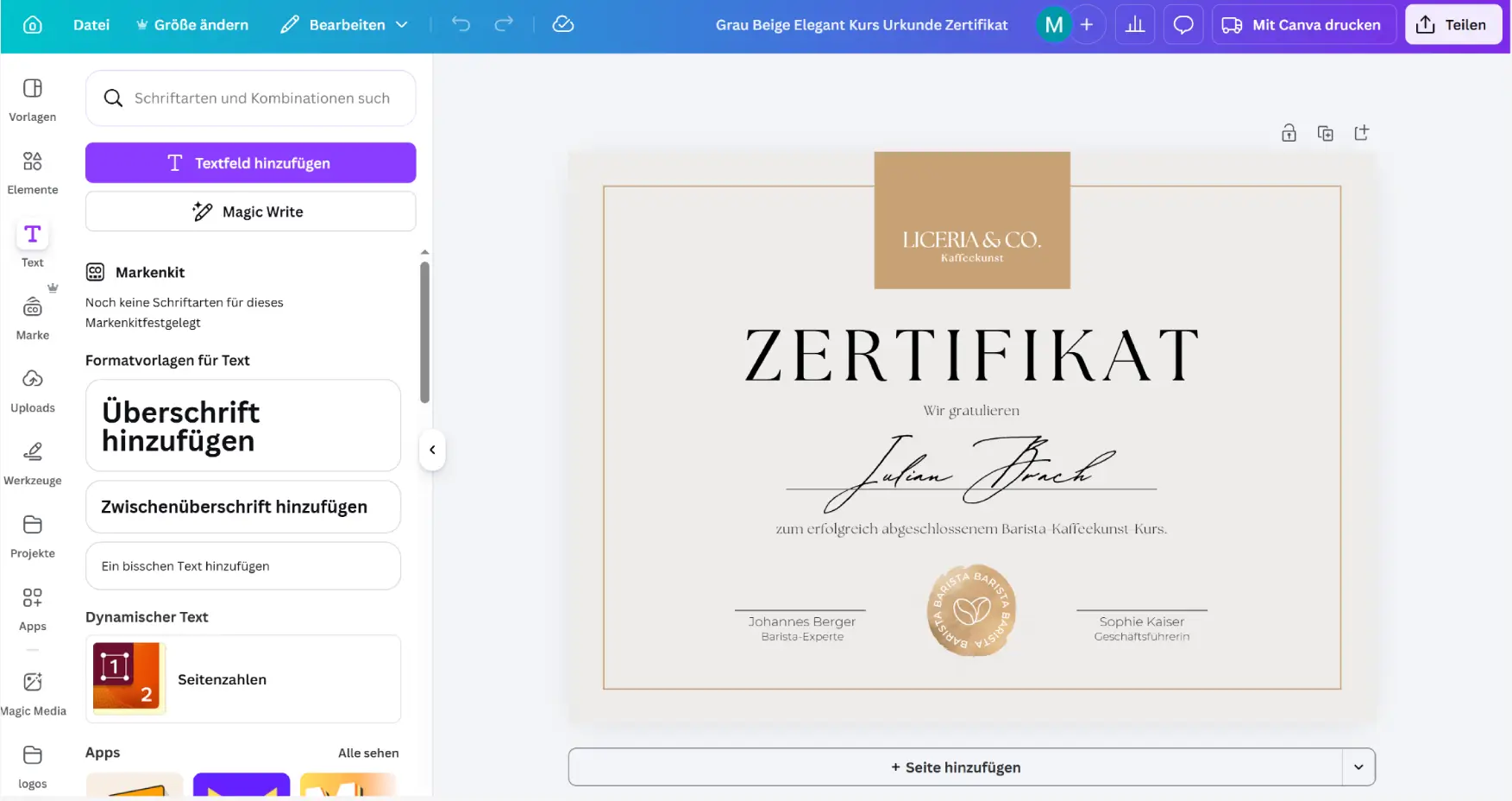 Canva-Oberfläche zum Erstellen einer Teilnahmebescheinigung. Canva-Oberfläche zum Erstellen einer Teilnahmebescheinigung.