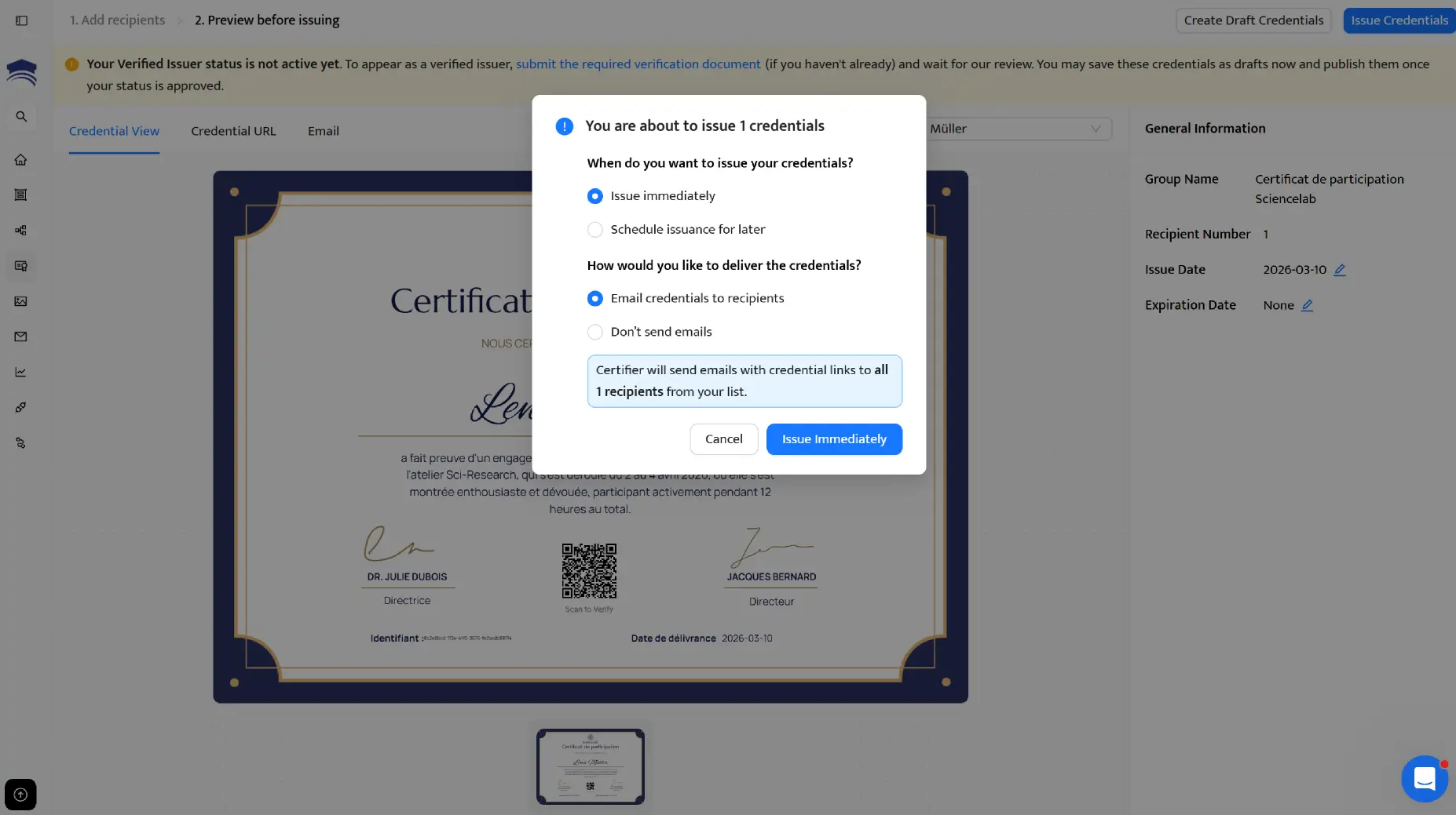 Certifier-Bestätigung zum geplanten Versand einer Teilnahmebescheinigung. Certifier-Bestätigung zum geplanten Versand einer Teilnahmebescheinigung.