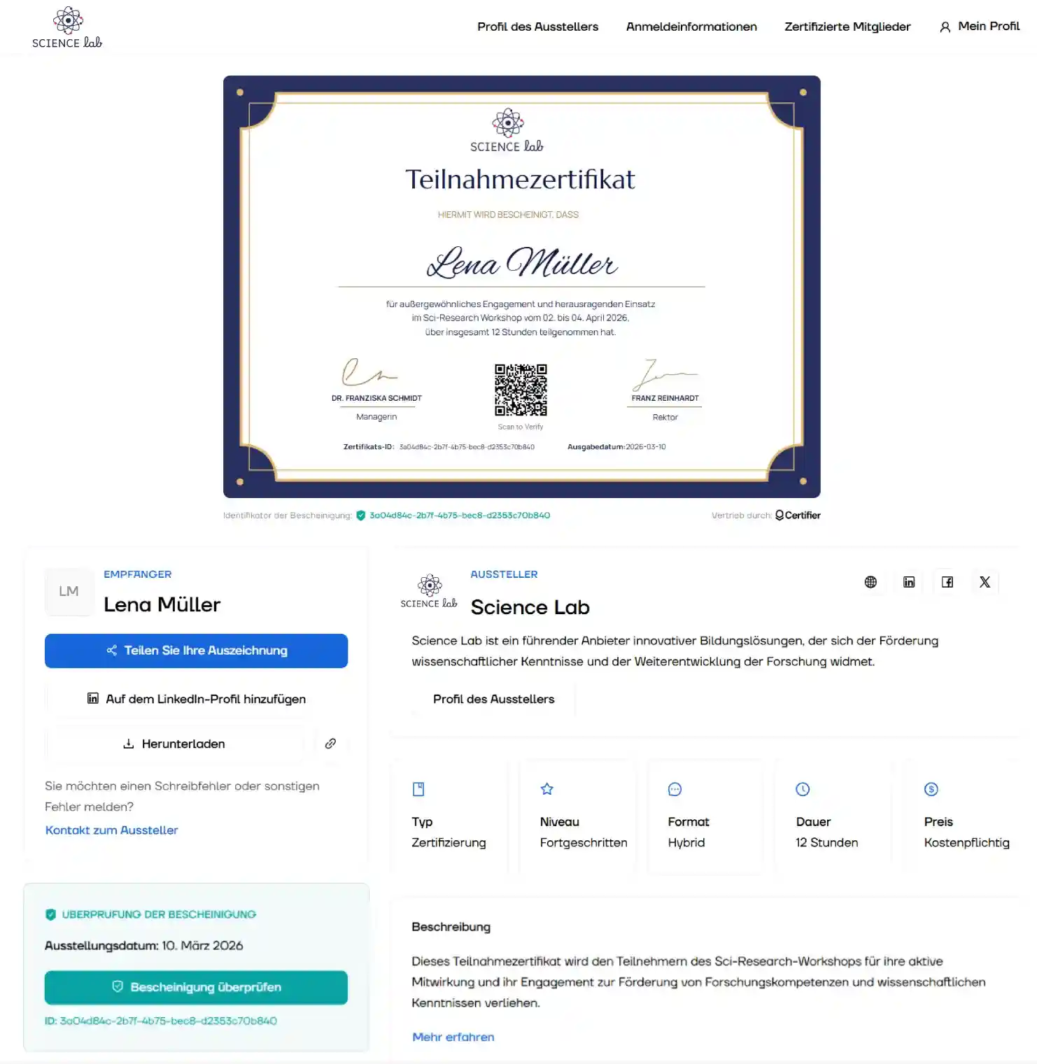 Digitale Wallet mit Teilnahmebescheinigung und Details – zeigt, was muss eine Teilnahmebescheinigung enthalten. Digitale Wallet mit Teilnahmebescheinigung und Details – zeigt, was muss eine Teilnahmebescheinigung enthalten.