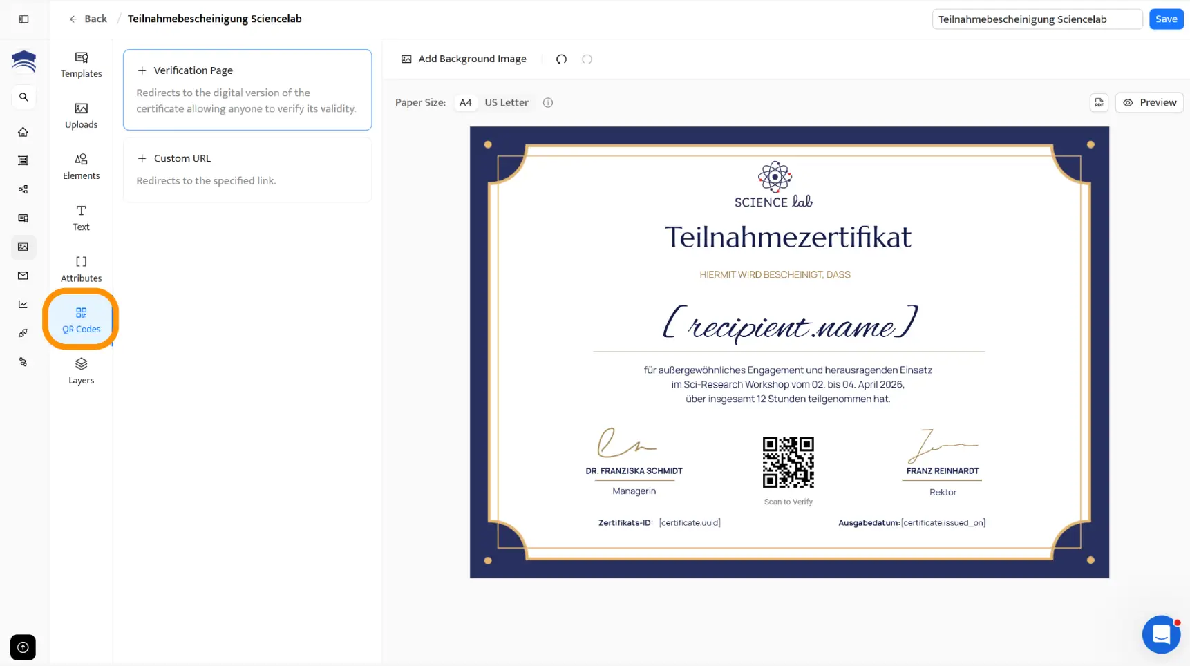 Zertifikatseditor mit QR-Code-Funktion für alle, die eine Teilnahmebescheinigung erstellen und zusätzliche Infos verlinken möchten. Zertifikatseditor mit QR-Code-Funktion für alle, die eine Teilnahmebescheinigung erstellen und zusätzliche Infos verlinken möchten.