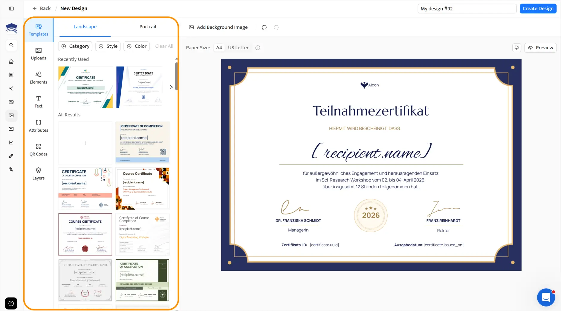 Certifier-Oberfläche mit einer Vorlagen-Anpassungsseite, um eine Teilnahmebescheinigung online zu erstellen, mit verschiedenen Stilen und Formaten Certifier-Oberfläche mit einer Vorlagen-Anpassungsseite, um eine Teilnahmebescheinigung online zu erstellen, mit verschiedenen Stilen und Formaten