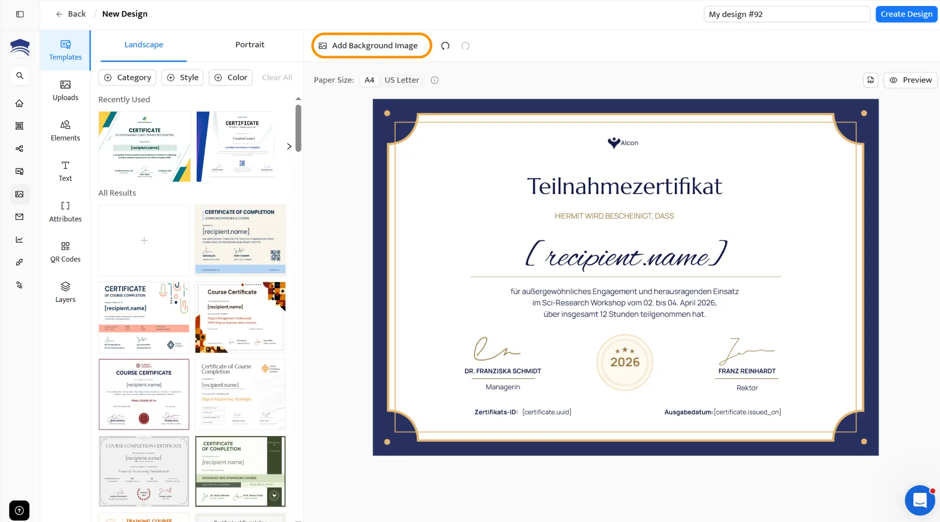Certifier-Oberfläche mit Optionen zum Hochladen eines Hintergrunds, zum Anpassen der Ausrichtung und zum Bearbeiten des Formats einer Teilnahmebescheinigung. Certifier-Oberfläche mit Optionen zum Hochladen eines Hintergrunds, zum Anpassen der Ausrichtung und zum Bearbeiten des Formats einer Teilnahmebescheinigung.