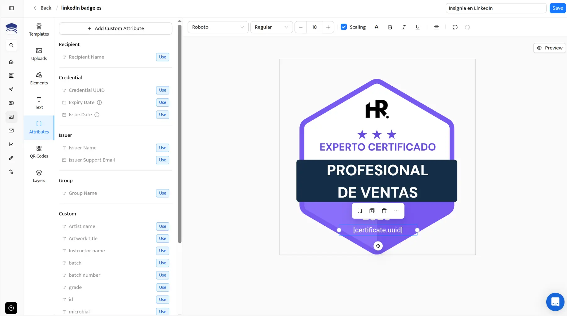 Herramienta de personalización de insignias con atributos como Credential UUID para crear insignias de certificación en LinkedIn de forma rápida y precisa. Herramienta de personalización de insignias con atributos como Credential UUID para crear insignias de certificación en LinkedIn de forma rápida y precisa.
