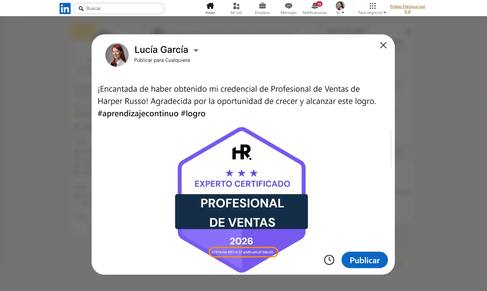 Publicación de LinkedIn que muestra una insignia de certificación obtenida con un ID único de credencial visible para reforzar su autenticidad. Publicación de LinkedIn que muestra una insignia de certificación obtenida con un ID único de credencial visible para reforzar su autenticidad.