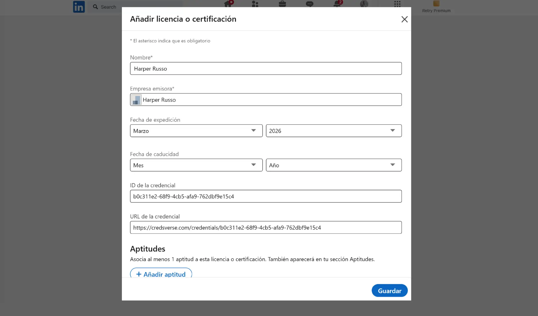 Formulario de LinkedIn para añadir una licencia o certificación, útil para entender cómo crear una insignia en LinkedIn al completar los datos de la credencial. Formulario de LinkedIn para añadir una licencia o certificación, útil para entender cómo crear una insignia en LinkedIn al completar los datos de la credencial.