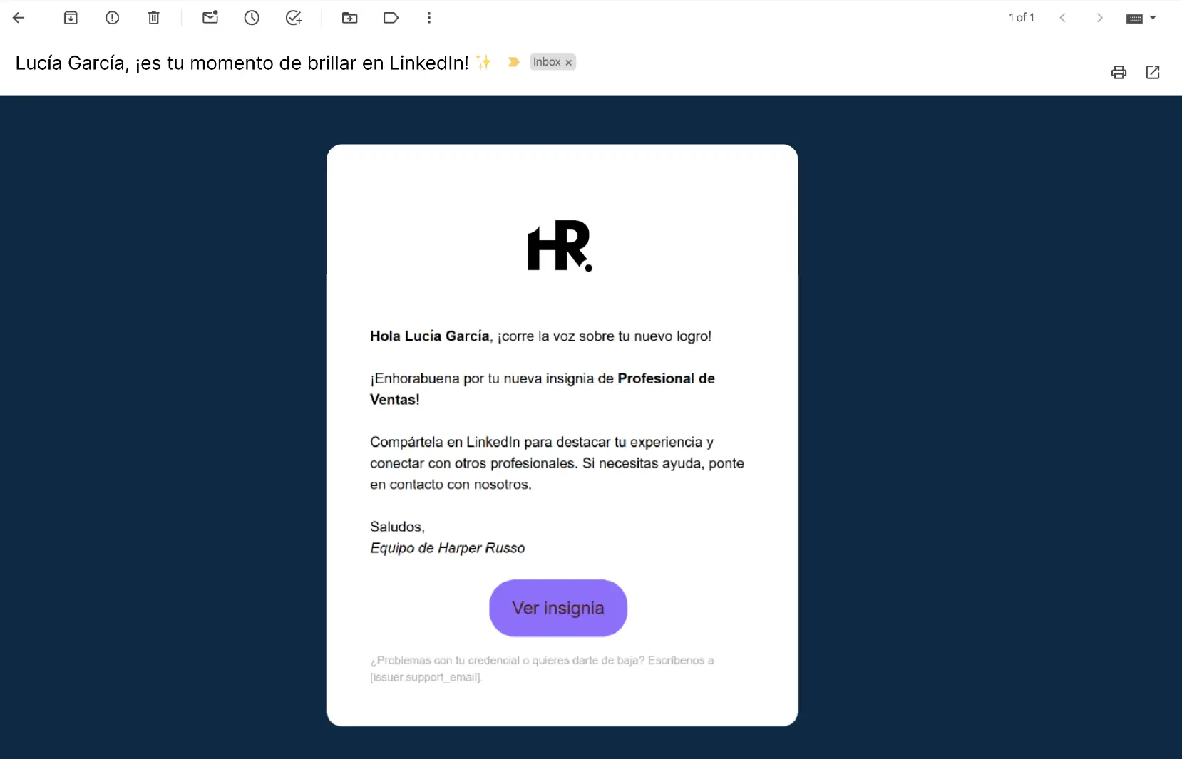 Email con imagen de marca que anima a compartir una insignia de certificación en LinkedIn para celebrar un logro profesional. Email con imagen de marca que anima a compartir una insignia de certificación en LinkedIn para celebrar un logro profesional.