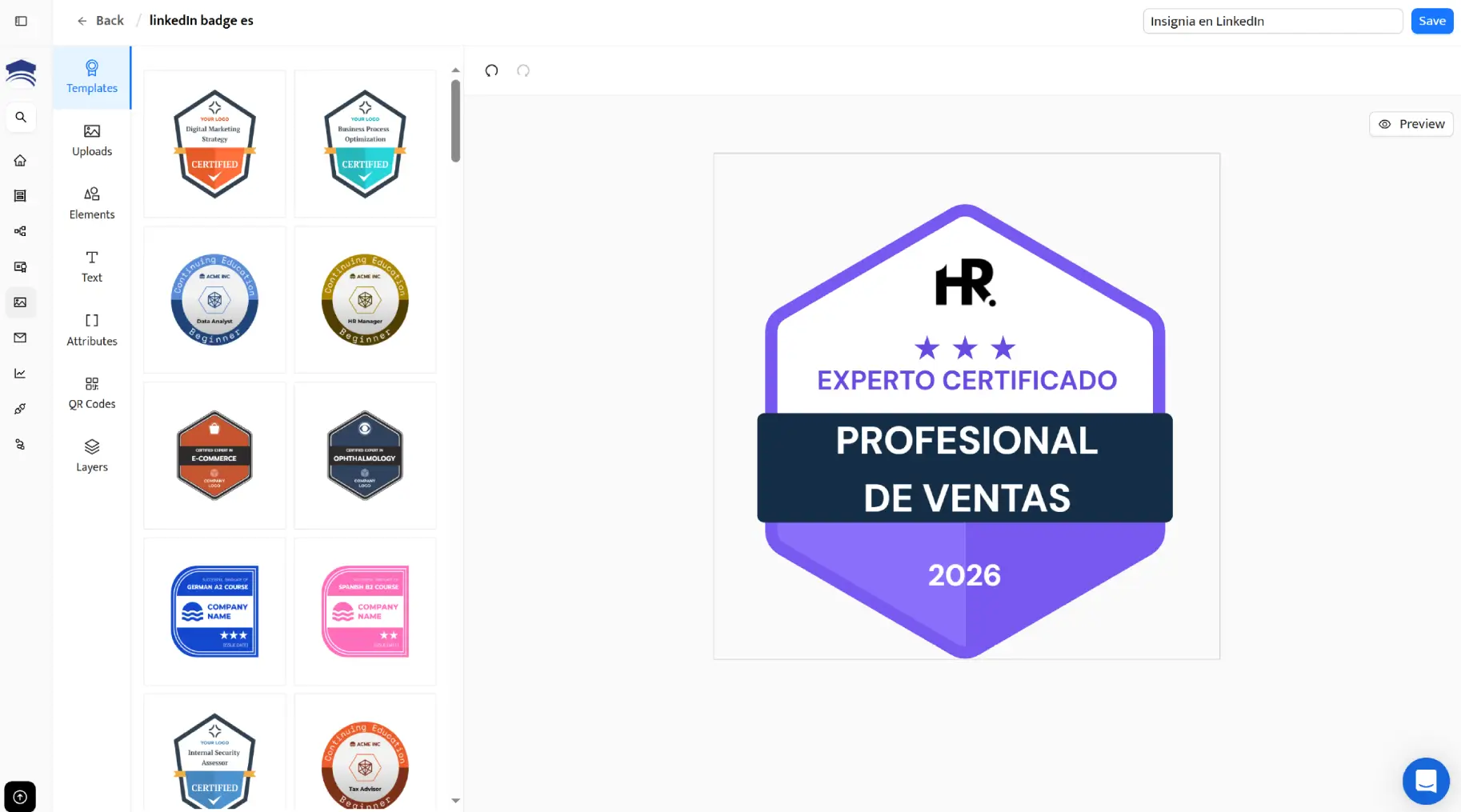 Interfaz de creación de insignias de certificación con plantillas de diseño, ideal para aprender cómo crear una insignia en LinkedIn de forma profesional. Interfaz de creación de insignias de certificación con plantillas de diseño, ideal para aprender cómo crear una insignia en LinkedIn de forma profesional.