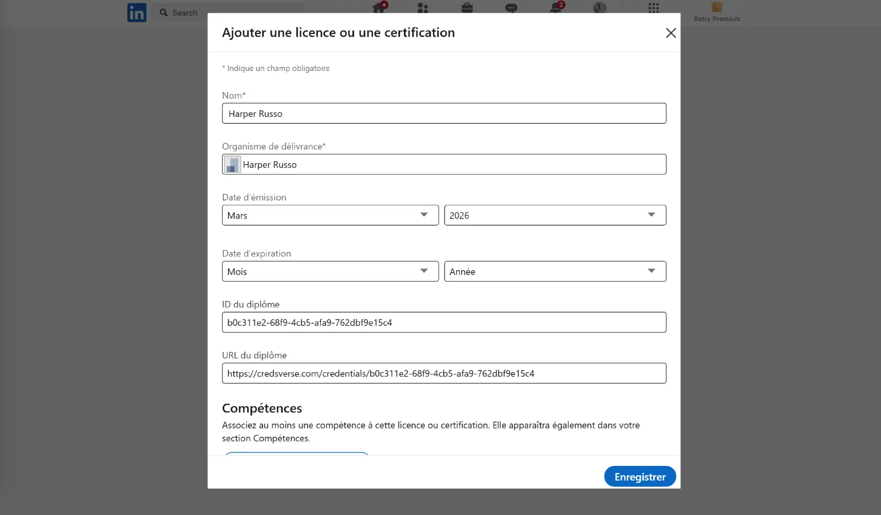 Fenêtre LinkedIn « Ajouter une licence ou une certification » montrant les champs du formulaire, comme le nom, pour illustrer comment créer un badge LinkedIn de certification. Fenêtre LinkedIn « Ajouter une licence ou une certification » montrant les champs du formulaire, comme le nom, pour illustrer comment créer un badge LinkedIn de certification.