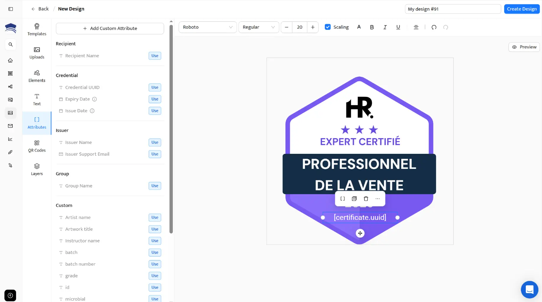 Un outil de personnalisation de badges avec des attributs comme l’UUID du certificat permet de créer facilement des badges LinkedIn adaptés à chaque destinataire. Un outil de personnalisation de badges avec des attributs comme l’UUID du certificat permet de créer facilement des badges LinkedIn adaptés à chaque destinataire.