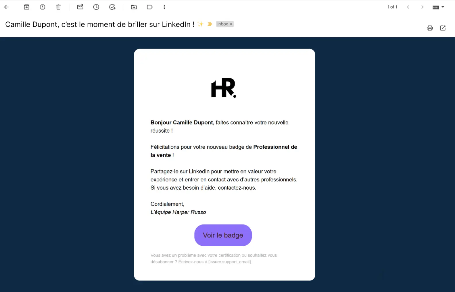 E-mail encourageant le destinataire à partager son badge de certification LinkedIn pour valoriser sa réussite. E-mail encourageant le destinataire à partager son badge de certification LinkedIn pour valoriser sa réussite.