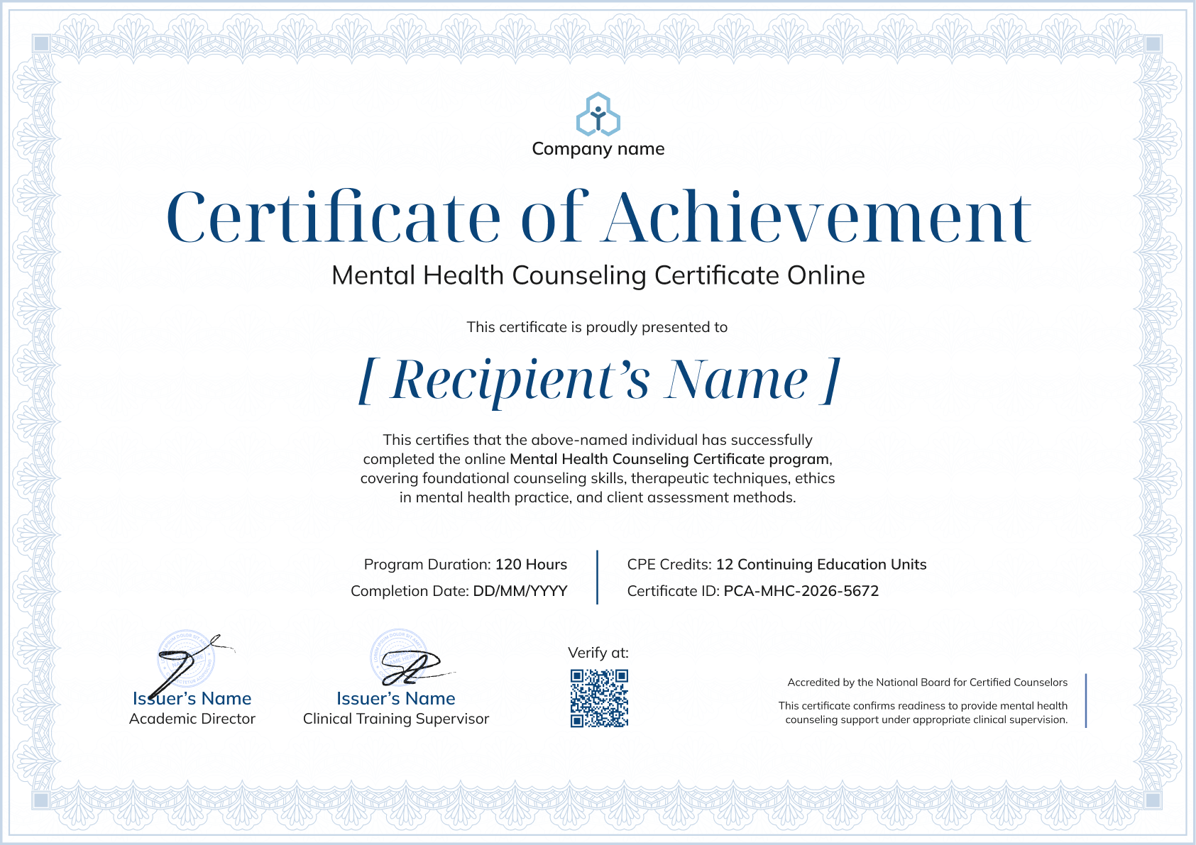 Ornamental mental template for health counseling certificate online